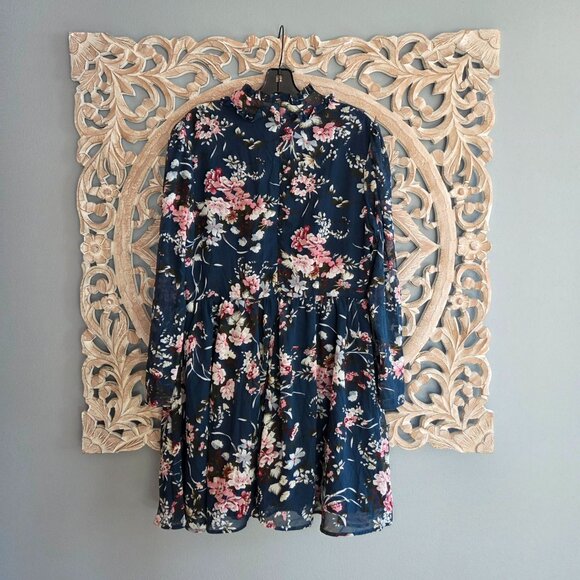 Boohoo Floral Dress Size 18 Blue Long Sleeve Tie Neck Ruffle A Line Cottage NWT - Picture 11 of 12